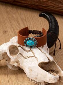 1 pieza Brazalete con concha de cabeza de vaca, cruz y piedra de turquesa azul en estilo occidental para mujeres