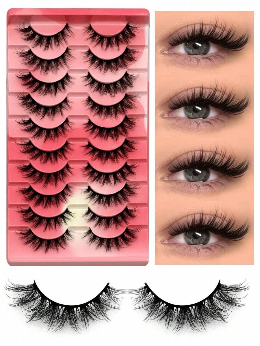 10 Pairs Manga Lashes Faux Mink Eyelashes Cat Eye Eyelashes Natural Full False Eyelashes Travel Essentials Makeup Tools(MK11) - 黑色 - 查看 1