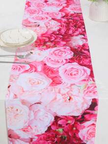 1入組35*180cm粉紅色花飛風格聚酯纖維桌布，創意家居客廳餐桌裝飾，桌面保護套 - 粉色 - 查看 2