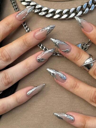 ネイル変更：フレンチ3DシルバーY2Kアーモンドネイル+ジェリーグルー1シート+ネイルファイル1枚-女の子への贈り物として適したネイルアート装飾品1個