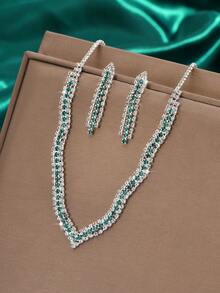 時尚珠寶套裝，彩色鑲鑽項鍊和耳環組合，西式新娘婚禮裝飾配件 - 銀色 - 查看 9