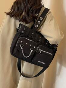 DareSee 2024春季新款休闲朋克摇滚风尼龙布手提包，大口袋设计，可作手提包、单肩包或斜挎包使用。适合音乐节、Y2K节、返校季、秋季、圣诞节、冬季等场合，也是圣诞礼物的理想之选。