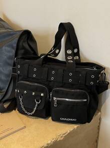 2024年春季新款休閒朋克搖滾風格尼龍布手提袋，帶大口袋，可用作手提包，肩背包或斜跨包 - 黑色 - 查看 3