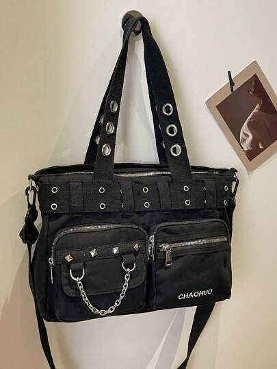 2024 Spring New Casual Punk Rock Style Nylon Cloth Tote Bag With Big Pocket, Can Be Used As Handbag, Shoulder Bag, Or Crossbody Bag