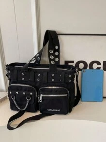 2024年春季新款休閒朋克搖滾風格尼龍布手提袋，帶大口袋，可用作手提包，肩背包或斜跨包 - 黑色 - 查看 12