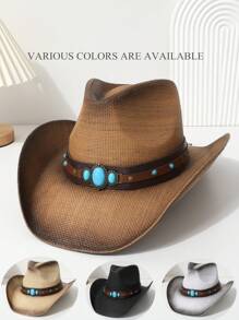 1pc Women's Cowboy Hat, Western Style Straw Sun Hat With Gems Decor & Tie-Up, Unisex, Breathable Panama Hat With Curved Brim & Hard Top, Casual Jazz Hat For Daily Use - Multicolor - View 1