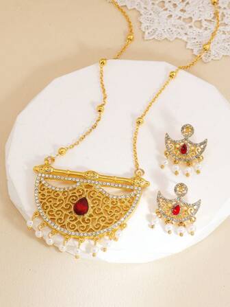 3 st/set Utsökt Rhinestone Faux Pearl Inläggningar Halsband Örhängen Elegant Lyxstil Bankett Guld Smyckesset