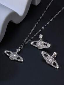 2pcs Valentine's Day Fashionable Crystallized Floral & Skull Planet Pendant Necklace & Earring Set, Elegant & Charming For Women - Multicolor - View 13