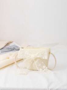 Túi rơm trang trí nơ đáng yêu bên bờ biển Túi đeo chéo thời trang có thể gập lại cho kỳ nghỉ - Màu be - Xem 8