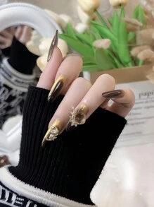 現貨供應！10入組線條型貓眼效果假指甲，黑金配色，可重複使用，適用於旅行和派對貼片式指甲美容用品 - 黑色 - 查看 5