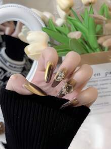 現貨供應！10入組線條型貓眼效果假指甲，黑金配色，可重複使用，適用於旅行和派對貼片式指甲美容用品 - 黑色 - 查看 6