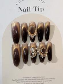 現貨供應！10入組線條型貓眼效果假指甲，黑金配色，可重複使用，適用於旅行和派對貼片式指甲美容用品 - 黑色 - 查看 1