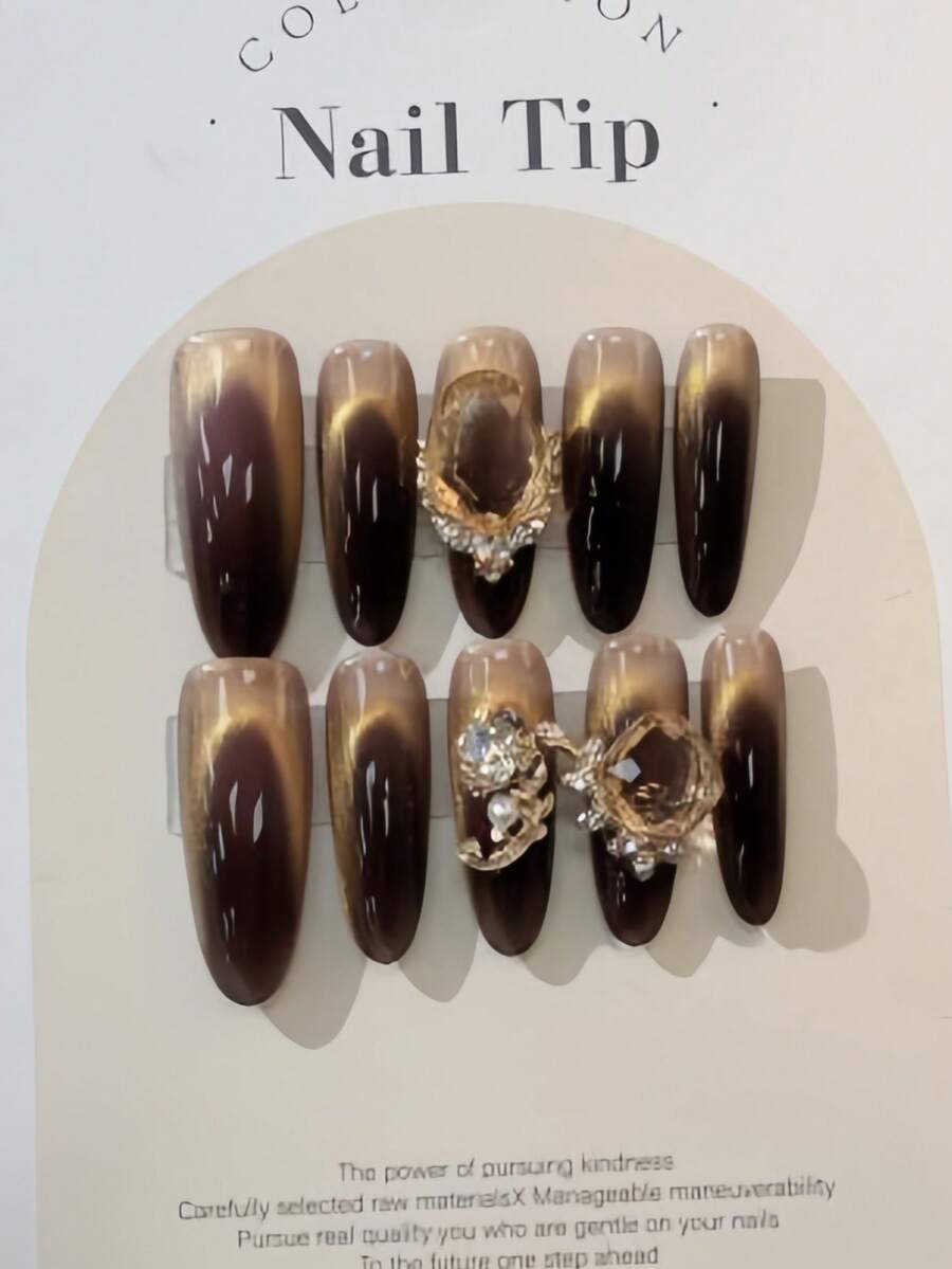 現貨供應！10入組線條型貓眼效果假指甲，黑金配色，可重複使用，適用於旅行和派對貼片式指甲美容用品 - 黑色 - 查看 1