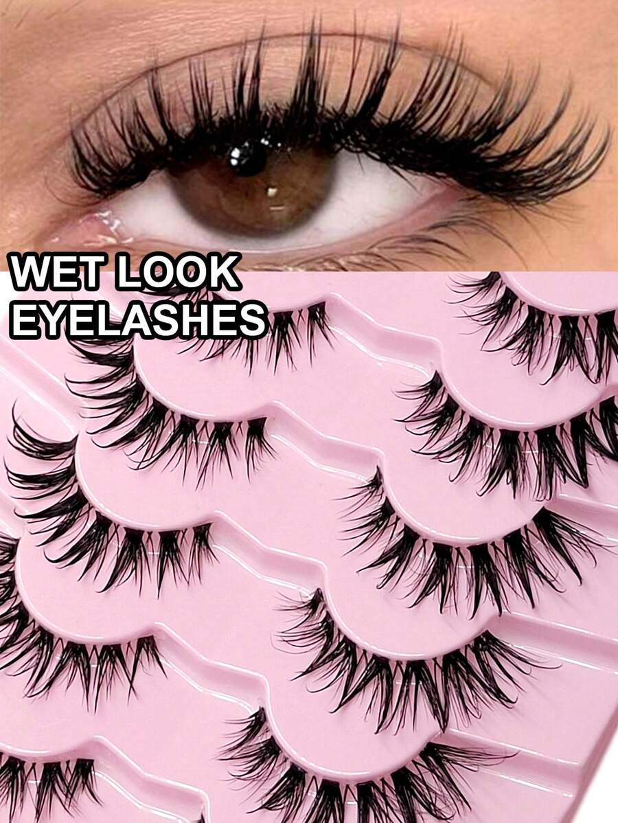 Rikuaild 7对水润光泽假睫毛，透明睫毛梗，柔软自然，轻盈飘逸，打造戏剧性妆容，仿貂毛睫毛，时尚卡通风格假睫毛 - 尖尾漫畫款 - 查看 1