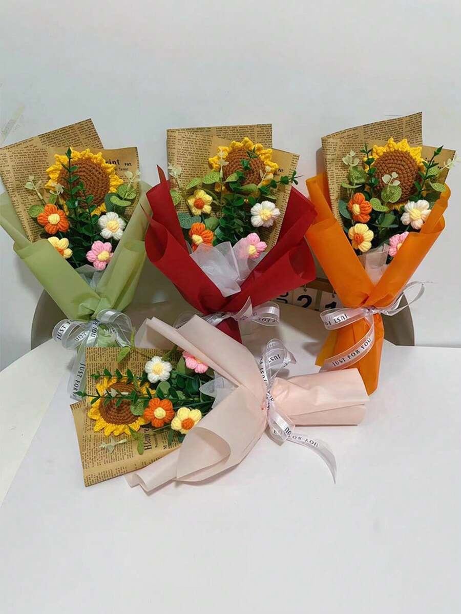 1 件人造花向日葵成品花束，手工钩编针织花，情人节礼物，适合家居装饰、派对装饰、情人节、礼物 - 彩色 - 查看 1