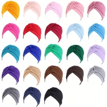 4pcs/Set Solid Color Turban Cap Elastic Bonnet Head Scarf Women Chemo Hats Casual Pleated Head Wrap,Summer,Beach - Multicolor - View 6