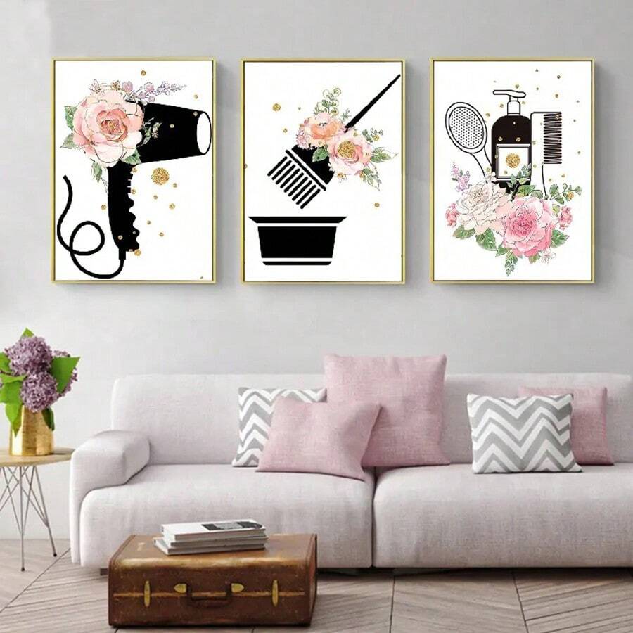 YIKES 3PCS Hair Salon Poster Prints Hairdresser Beautician Nail Wall Art Pictures Nordic Canvas Painting For Beauty Salon Barber Shop Decor Frameless - Multicolor - View 1