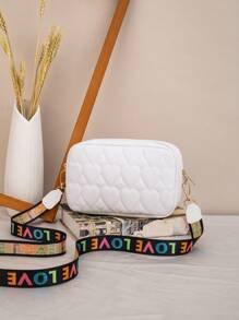 Fashionable Embroidered Heart Shaped Solid Color Crossbody Bag, Woven Strap Letter Design Shoulder Bag, Minimalist Casual Camera Bag For Women, Summer