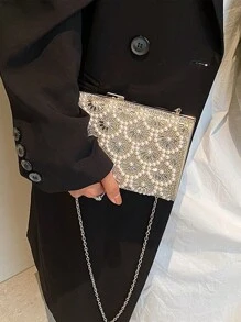 Glitter Bling,Shiny Glamorous,Elegant,Exquisite Argyle Princess Faux Pearl & Rhinestone Pearl Chain & Decor Silver Mini Rhinestone & Faux Pearl Metal Chain Shoulder Strap Crossbody Box Bag Suitable For Women's Daily Commute, Shopping, Tourism, Party, Gift, Fashion Events For Party, Wedding, Prom And Dinner, Lipsticks, Women's Pearl Bag Dinner Bag,Evening Bag For Party Girl,Woman,For Female Perfect For Party,Wedding,Prom,Dinner/Banquet,For Best Gift For Women
