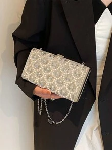 Glitter Bling,Shiny Glamorous,Elegant,Exquisite Argyle Princess Faux Pearl & Rhinestone Pearl Chain & Decor Silver Mini Rhinestone & Faux Pearl Metal Chain Shoulder Strap Crossbody Box Bag Suitable For Women's Daily Commute, Shopping, Tourism, Party, Gift, Fashion Events For Party, Wedding, Prom And Dinner, Lipsticks, Women's Pearl Bag Dinner Bag,Evening Bag For Party Girl,Woman,For Female Perfect For Party,Wedding,Prom,Dinner/Banquet,For Best Gift For Women