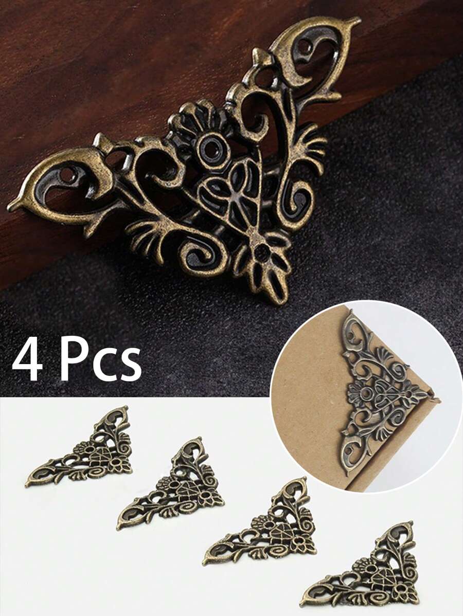 4pcs Vintage Style Wooden Box Corner Protectors With Hollow Out Design - Bronze - View 1