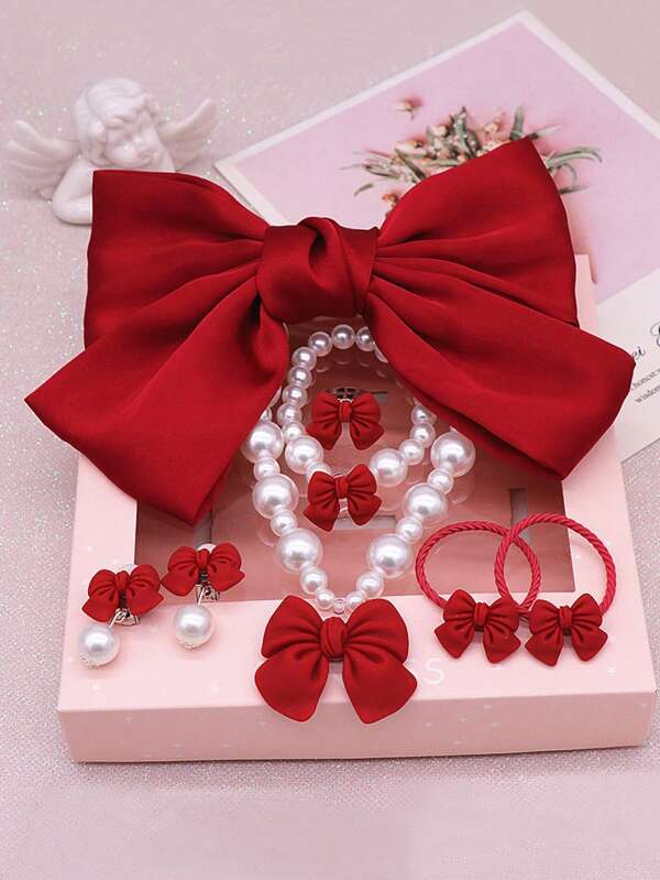 8pcs Kids Bow Hair Clip, Hair Tie, Faux Pearl Necklace, Bracelet, Earrings, Ring Jewelry Set, Multicolor, Gift For Girls