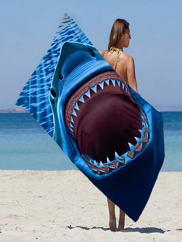 Size 75CM X 150CM, Big Mouth Shark, Blue, Cute, Microfiber, Rectangular Soft Absorbent Beach Towel, Portable, Suitable For Adults Outdoor Summer Beach Pool Hot Yoga Use