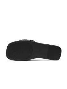 Women'S Square Open Toe Slide Sandals Cute Slip On Braided Strap Rhinestone Flat Sandals Summer Shoes