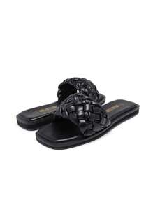 Women'S Square Open Toe Slide Sandals Cute Slip On Braided Strap Rhinestone Flat Sandals Summer Shoes