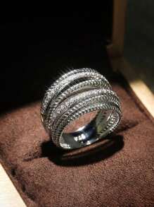 1 pieza Anillo exquisito de micro pavé de circonita cúbica, creativo anillo de dedo cruzado para mujeres, anillo hueco envuelto de línea geométrica