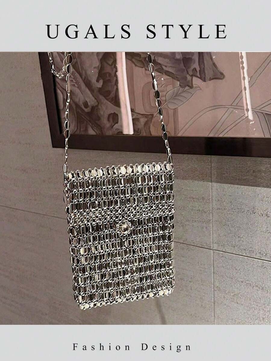Bolso de hombro pequeño tejido a mano en hueco con brillos para damas, bolso de noche para novia, bolso de fiesta cruzado para bodas, bolso de mano para teléfono móvil con cuentas para fiestas y bailes de promoción
