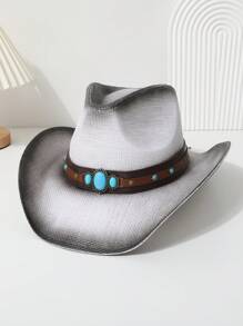 1pc Women's Cowboy Hat, Western Style Straw Sun Hat With Gems Decor & Tie-Up, Unisex, Breathable Panama Hat With Curved Brim & Hard Top, Casual Jazz Hat For Daily Use - Multicolor - View 5