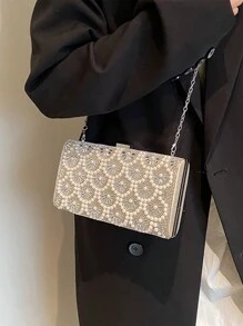 Glitter Bling,Shiny Glamorous,Elegant,Exquisite Argyle Princess Faux Pearl & Rhinestone Pearl Chain & Decor Silver Mini Rhinestone & Faux Pearl Metal Chain Shoulder Strap Crossbody Box Bag Suitable For Women's Daily Commute, Shopping, Tourism, Party, Gift, Fashion Events For Party, Wedding, Prom And Dinner, Lipsticks, Women's Pearl Bag Dinner Bag,Evening Bag For Party Girl,Woman,For Female Perfect For Party,Wedding,Prom,Dinner/Banquet,For Best Gift For Women