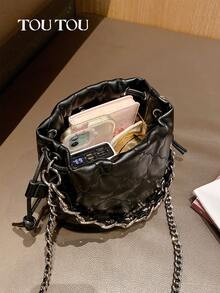 TOUTOU 时髦菱形花纹饼干绗缝水桶包、时尚链条顶部提手手提包、黑色 PU 皮革斜挎包、简约复古磁性单肩包 - 彩色 - 查看 5