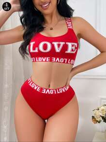 LOVE Letter Printed Sexy Sports Bra And Panties Set With Backless Design, Lingerie Set