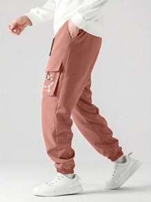 Tween Boy's Stylish Smile Face Print Casual Drawstring Waist, Back-To-School College Style Cargo Pants
