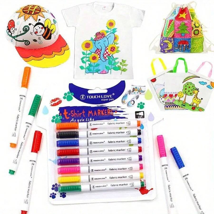Set de 8 colores de plumas de pintura para tela de ropa y manualidades DIY, plumas de pintura de pigmento de grafiti para camiseta, útiles escolares y de oficina - Multicolor - Ver 1