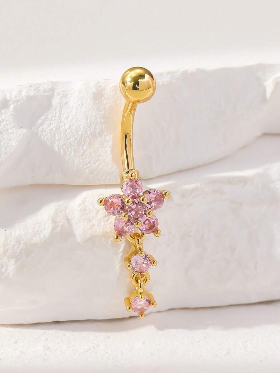1pc Gold-Plated Copper Belly Button Ring With CZ Stone Flower Ornament, Suitable For Women, As Valentine Day, Christmas, Halloween, Birthday Gift, Or Daily Wear At Bar Or Party Valentines,Mom,Mother,Mother's Day,Gift