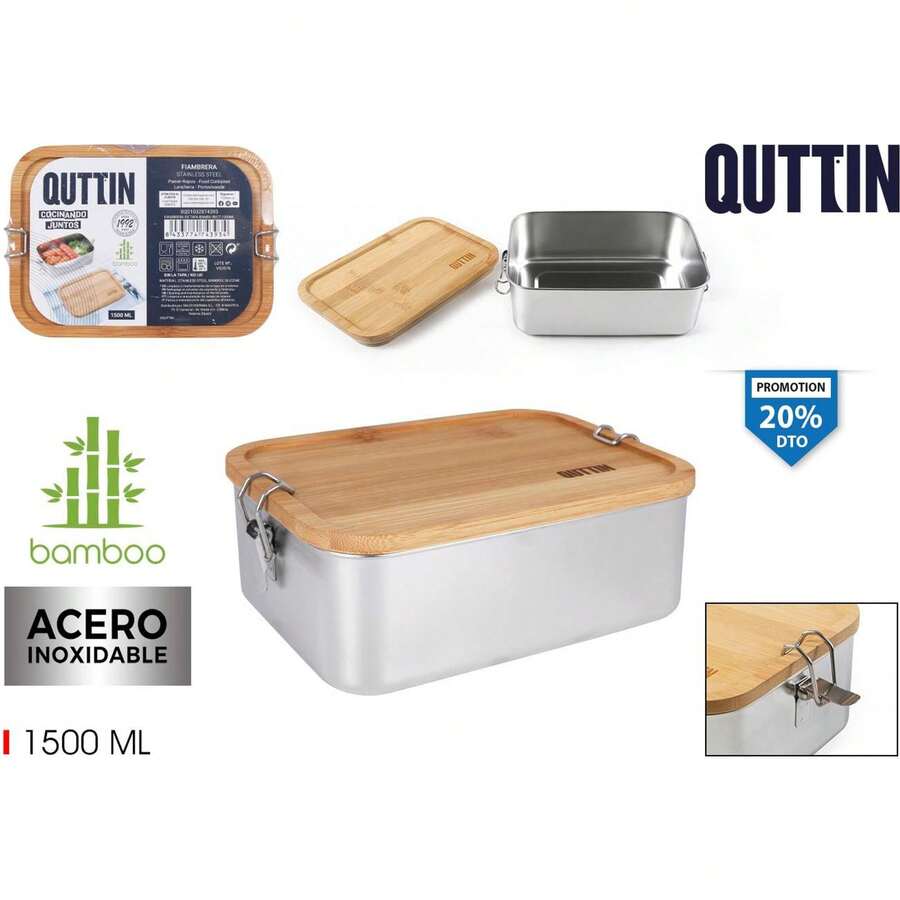 Quttin Fiambrera Con Tapa Bambú Rectangular 1500Ml Diseño Hermético y Seguro y Materiales Resistentes | Fiambrera Fácil de Limpiar y Rutilizable, Ideal para Llevar a Todos Lados, Trabajo, Escuela y Más ⚫ Envío GRATIS ✅ Entrega 24/48h a España (península) - Multicolor - Ver 1
