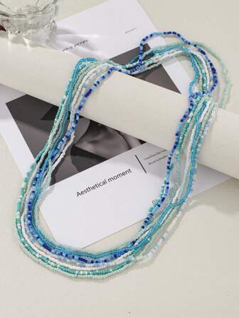 Cadena de cintura con estilo bohemio de 7 piezas con cuentas de vidrio temáticas azul del océano