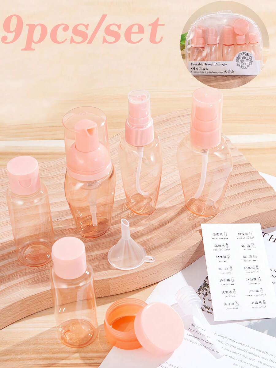 1pc/9pcs/set Reisflessen Voor Toiletartikelen Lekvrij Hervulbaar Reisformaat Containers Voor Shampoo Conditioner Vloeistoffen Lotion Zeep Body Wash Mannen En Vrouwen Zakenreis Of Persoonlijke Reisaccessoires Essentials - Roze - Bekijken 1