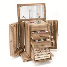 1pc Jewelry Box For Women, Rustic Wooden Jewelry Boxes & Organizers With Mirror, 4 Layer Jewelry Organizer Box Display For Rings Earrings Necklaces Bracelets - Multicolor - View 3
