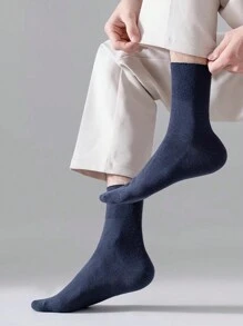 3 Pairs Men's Loose Top Breathable & Sweat-Absorbent Cotton Socks, Suitable For Thick Legs & Middle-Aged/Elderly, Navy Blue Mid-Calf Socks, Fall - Navy Blue - View 2