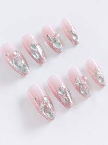 24pcs/Set INS Fresh Almond Shaped Full Cover Handmade Painting False Nails With Rhinestones And Glitter Powder And A Set Of Manicure Tools, Designed For Girls And Women To Use In Parties, Dances, Holidays And Daily Life Press On Nails Nail Supplies - Multicolor - View 5