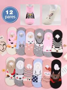 12 Pairs Of Women's Invisible Socks, Tines Girls Cute Socks With Ears, With Animal Cartoons - 彩色 - 查看 1