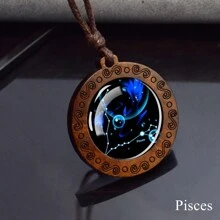 12 Constellation Necklace Starry Sky Zodiac Round Glass Wood Pendant Necklace Birthday Gift Couples Jewelry - style - View 10