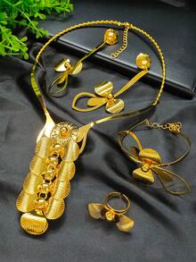 4入組時尚女性花形鍍金珠寶套裝，包括項鍊，耳環，手鐲和戒指，適用於/非洲/迪拜新娘盛裝婚禮派對，情人節，母親節，週年慶典禮物 - 金黃色 - 查看 2