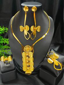 4入組時尚女性花形鍍金珠寶套裝，包括項鍊，耳環，手鐲和戒指，適用於/非洲/迪拜新娘盛裝婚禮派對，情人節，母親節，週年慶典禮物 - 金黃色 - 查看 1