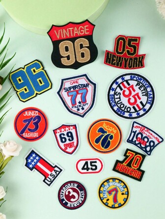 Set Of 14 Cartoon Shield Patterned Embroidered Patches, Cute Sew-On/Iron-On Appliques For Clothes, Bags, Hats, Etc.