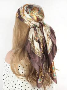 Ladies' Satin Khaki Belt Chain Print Bandana Top Square Silk Scarf, Accessory Suitable For Spring And Summer - Khaki - View 1